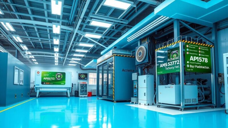 A high-tech semiconductor facility with advanced machinery and vibrant colors representing UK-Malaysia trade collaboration.