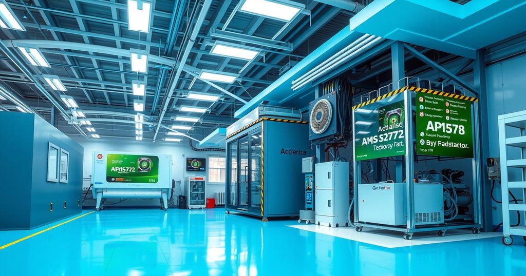 A high-tech semiconductor facility with advanced machinery and vibrant colors representing UK-Malaysia trade collaboration.