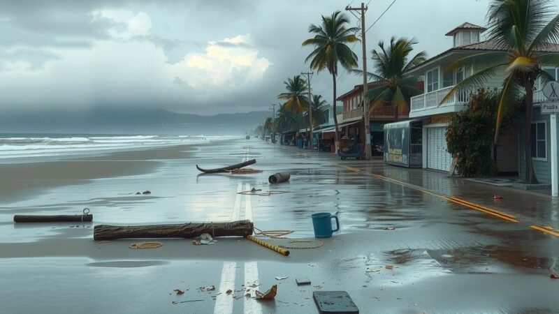 Cleanup scene in Puerto Escondido with debris and flooded streets after a powerful storm.