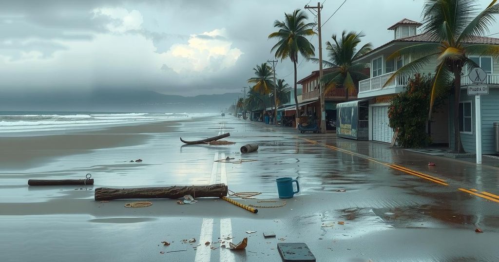 Cleanup scene in Puerto Escondido with debris and flooded streets after a powerful storm.
