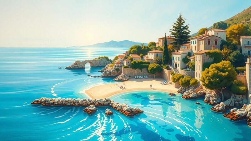A vibrant landscape depicting a Mediterranean coastal view with rich greenery and blue waters, symbolizing Cyprus