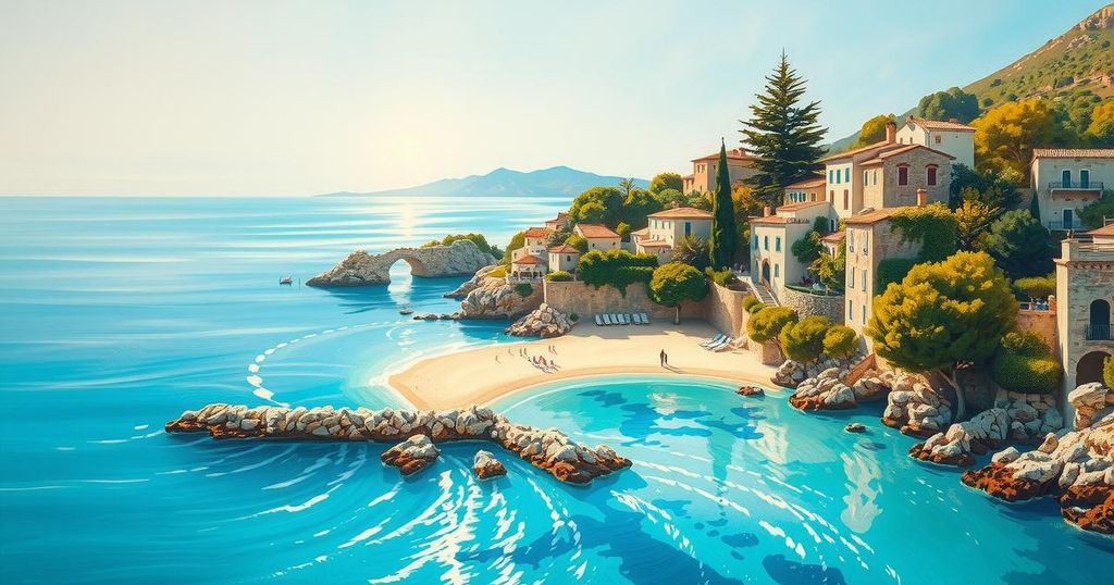 A vibrant landscape depicting a Mediterranean coastal view with rich greenery and blue waters, symbolizing Cyprus