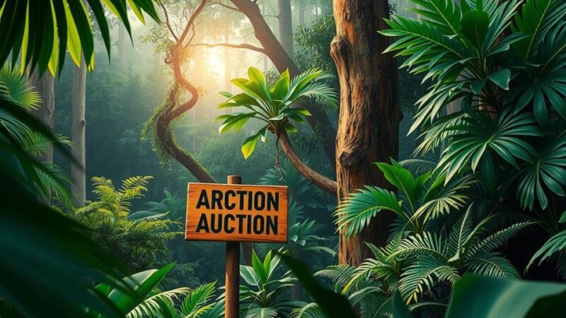A vibrant Amazon rainforest landscape showing trees, plants, and a distant auction sign representing biodiversity.