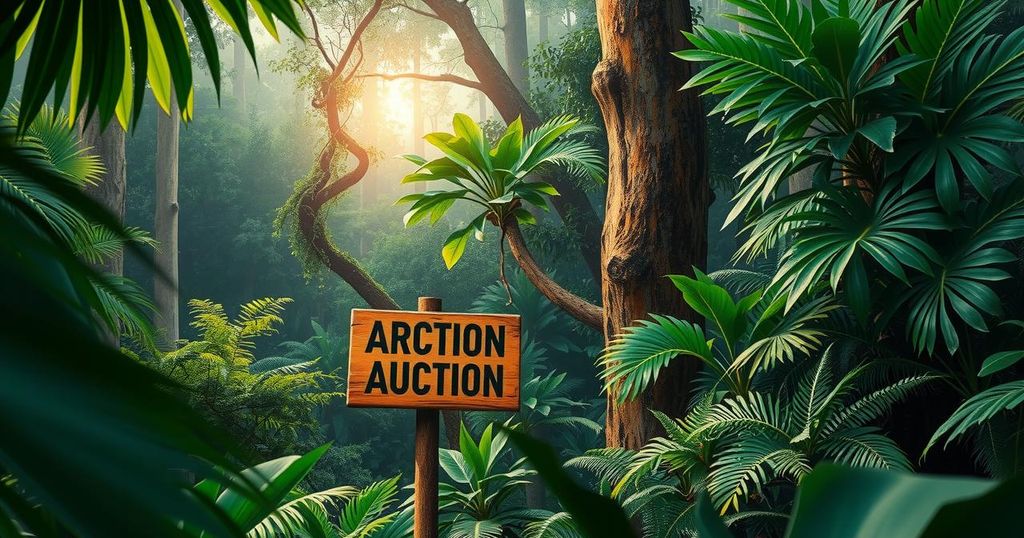 A vibrant Amazon rainforest landscape showing trees, plants, and a distant auction sign representing biodiversity.