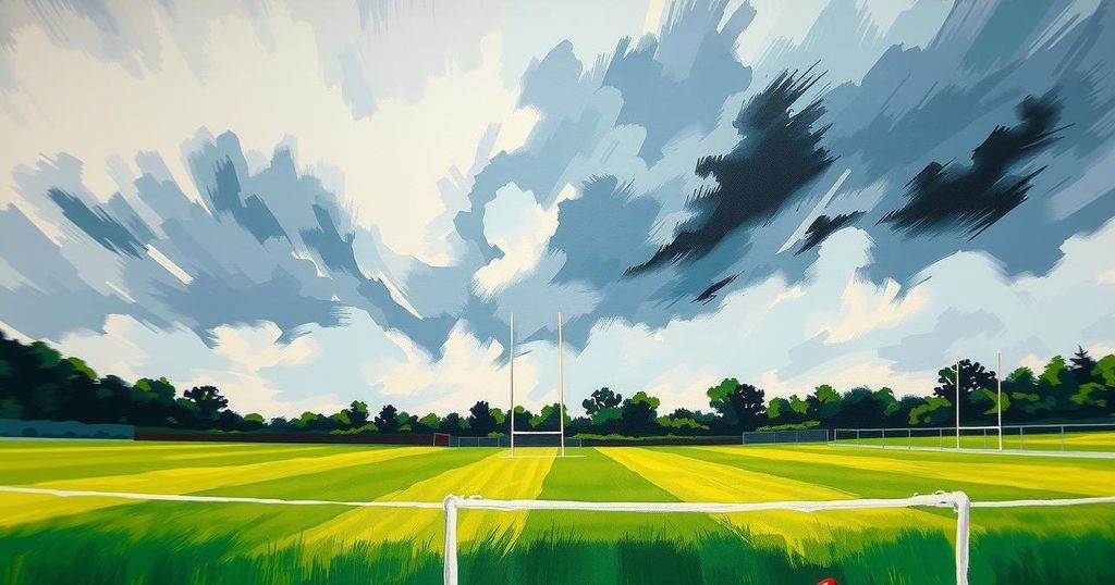 A rugby field with goalposts, bright green grass, and a stormy sky, capturing the essence of competitive sports.