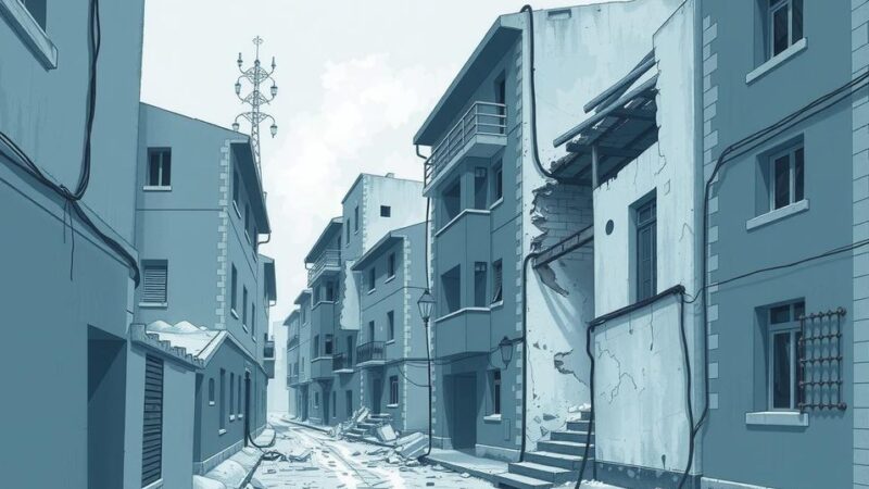 A representation of damaged buildings in Colombia after a seismic event, with muted blues and grays.
