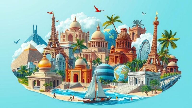 Representation of global tourism featuring iconic landmarks and diverse landscapes symbolizing collaboration and sustainability.