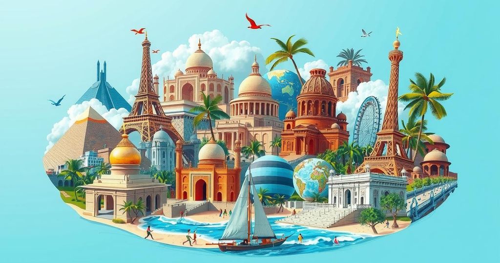 Representation of global tourism featuring iconic landmarks and diverse landscapes symbolizing collaboration and sustainability.