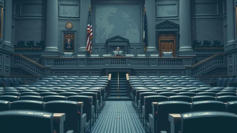 A political scene featuring empty chairs in a legislative chamber, symbolizing accountability and transparency in governance.