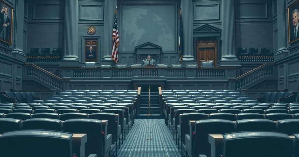 A political scene featuring empty chairs in a legislative chamber, symbolizing accountability and transparency in governance.