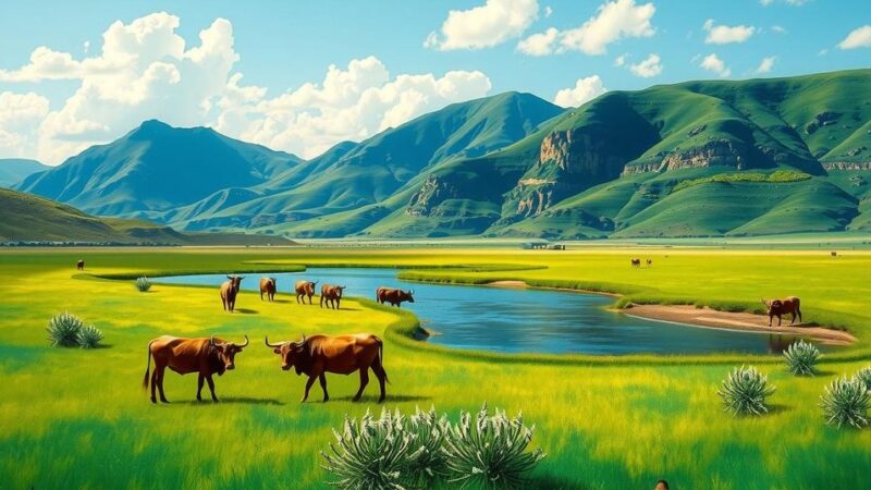 A scenic landscape of Zimbabwe's communal land with grazing fields and water sources at risk from mining activities.