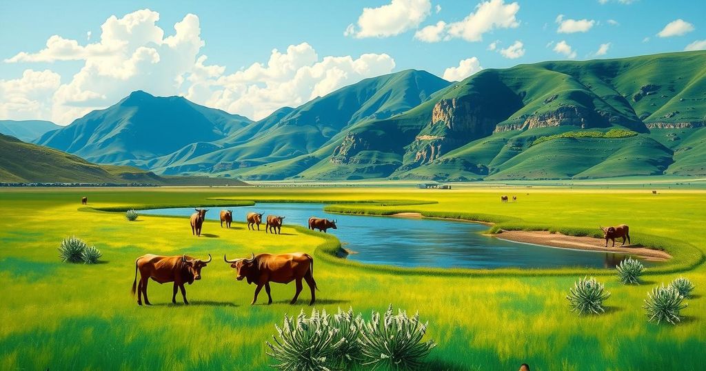 A scenic landscape of Zimbabwe's communal land with grazing fields and water sources at risk from mining activities.