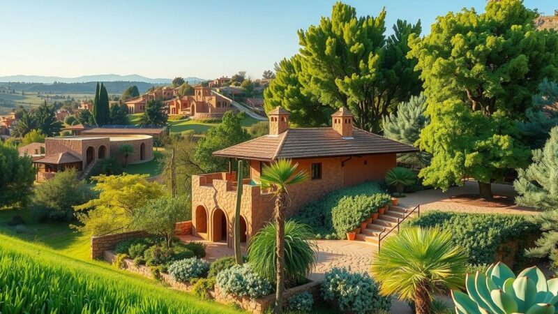 A serene landscape of Moroccan countryside showcasing eco-friendly lodging amidst lush greenery and vibrant local flora.