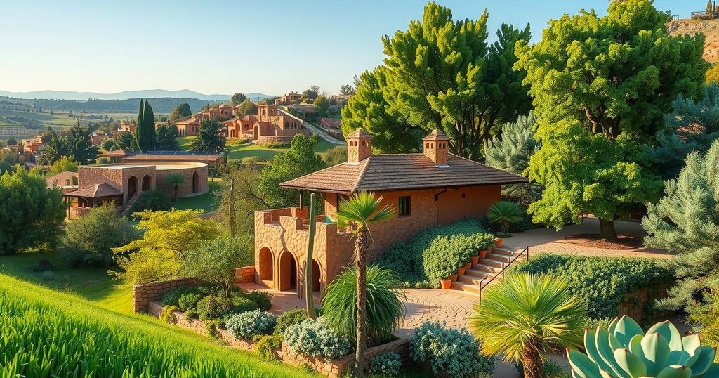 A serene landscape of Moroccan countryside showcasing eco-friendly lodging amidst lush greenery and vibrant local flora.