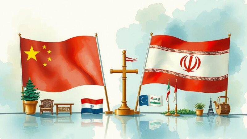 A detailed rendering of diplomatic elements, featuring Chinese, Iranian and Middle Eastern symbols in a negotiated setting.