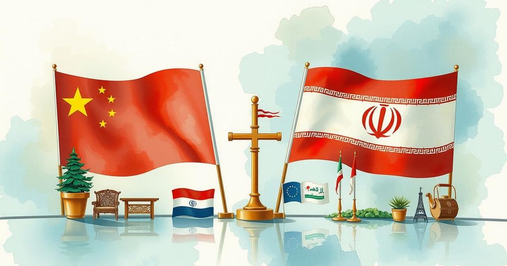 A detailed rendering of diplomatic elements, featuring Chinese, Iranian and Middle Eastern symbols in a negotiated setting.