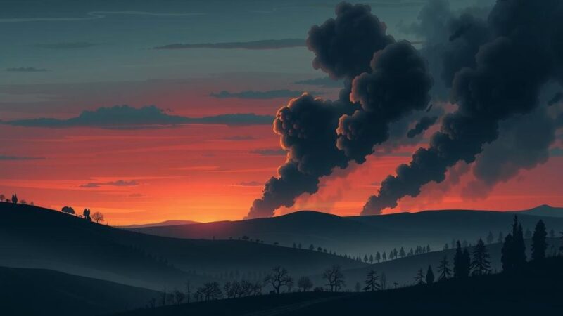 A dramatic landscape of southern Lebanon with an aerial view of drone strikes and smoke in a twilight sky.