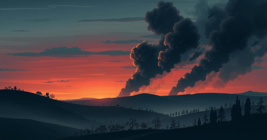 A dramatic landscape of southern Lebanon with an aerial view of drone strikes and smoke in a twilight sky.