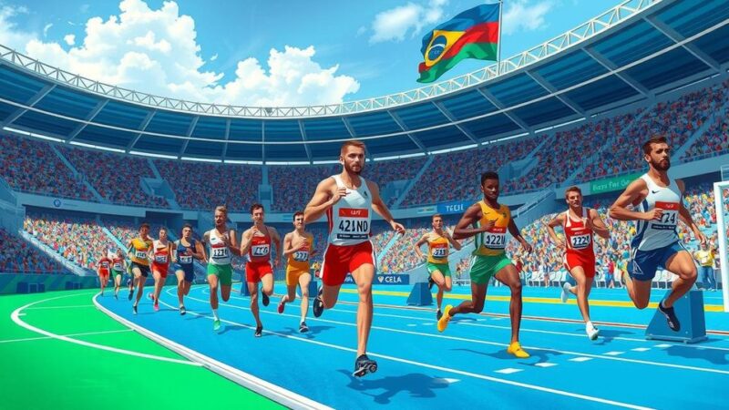 Track and field athletes competing at an Olympic event, featuring national flags in a vibrant and energetic atmosphere.