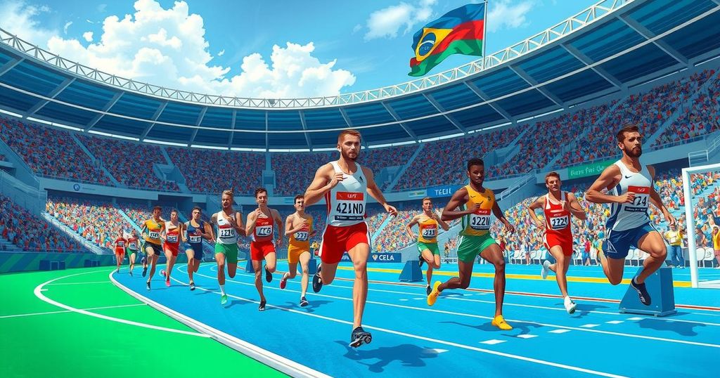 Track and field athletes competing at an Olympic event, featuring national flags in a vibrant and energetic atmosphere.
