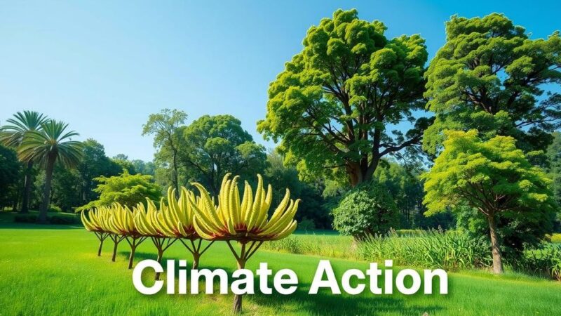 Illustration of a green landscape with trees and plants under a blue sky, symbolizing climate contributions and action.
