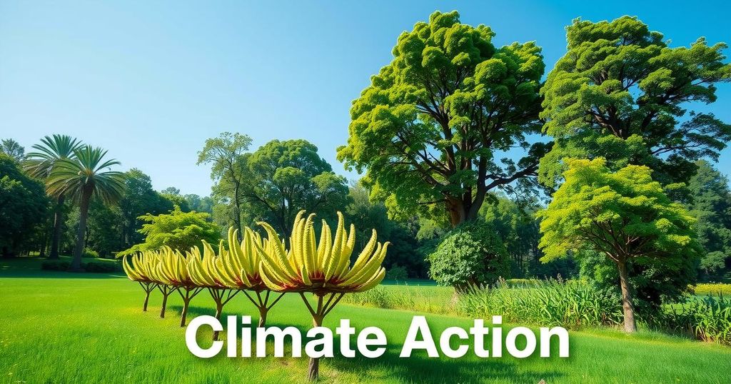 Illustration of a green landscape with trees and plants under a blue sky, symbolizing climate contributions and action.