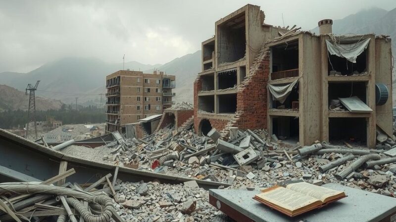 A landscape showing the aftermath of an earthquake with collapsed structures and debris in a rural area.