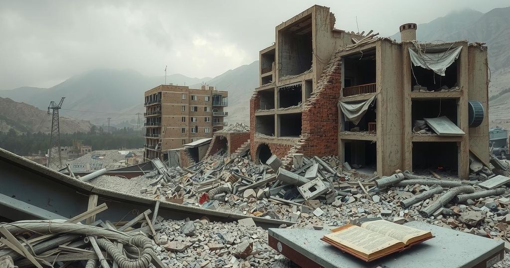 A landscape showing the aftermath of an earthquake with collapsed structures and debris in a rural area.