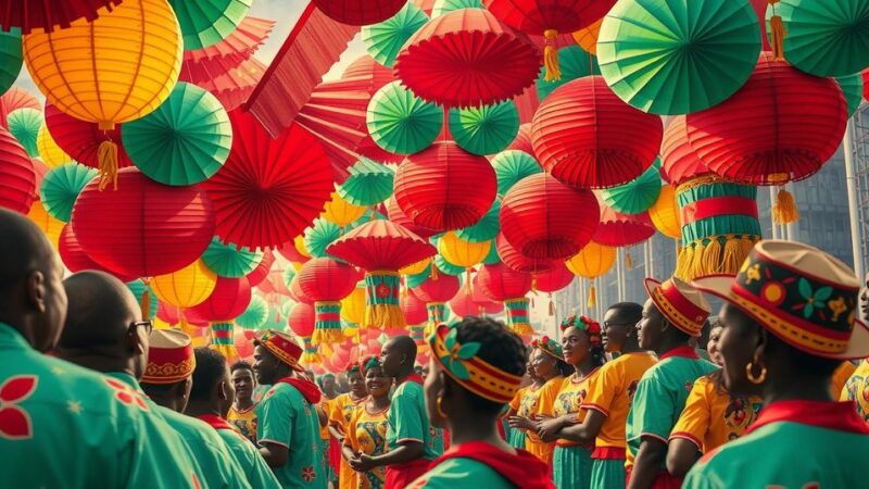 Colorful celebration scene representing unity and progress in East Africa with diverse flags and festive decorations.