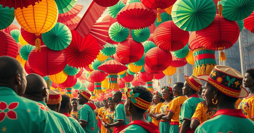 Colorful celebration scene representing unity and progress in East Africa with diverse flags and festive decorations.