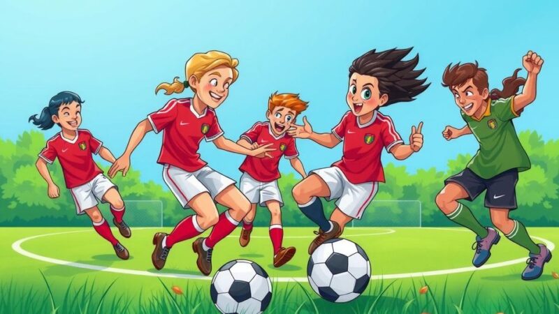An artistic depiction of a soccer match scene with vibrant colors, showcasing a dynamic play on the field.