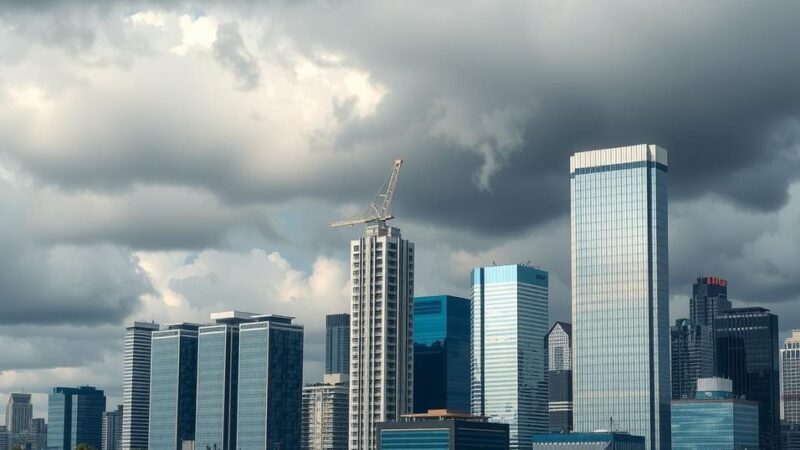 A high-rise city skyline representing economic challenges in Nigeria, with dark clouds and rising costs symbolizing inflation.