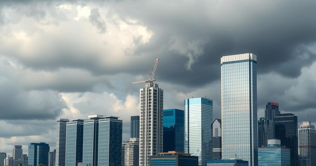 A high-rise city skyline representing economic challenges in Nigeria, with dark clouds and rising costs symbolizing inflation.