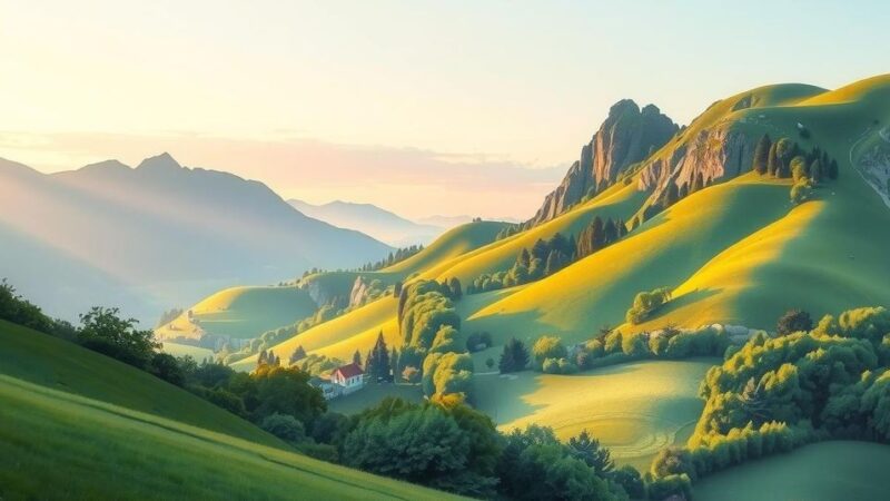 A peaceful landscape depicting India and Pakistan borders with calming colors and natural scenery, symbolizing harmony.