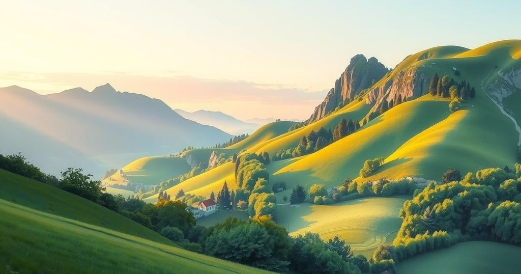 A peaceful landscape depicting India and Pakistan borders with calming colors and natural scenery, symbolizing harmony.