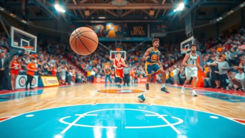 A tense basketball match scene highlighting two teams, with a ball in motion and a vibrant court background.