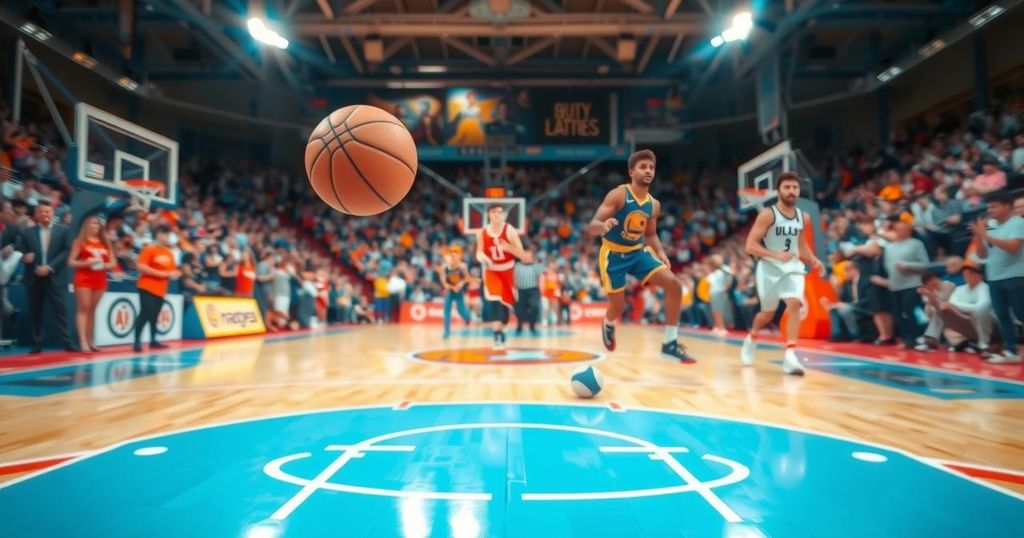 A tense basketball match scene highlighting two teams, with a ball in motion and a vibrant court background.
