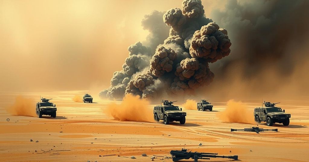 Desert landscape with military vehicles and smoke, depicting conflict and military operations in Mali's northern region.