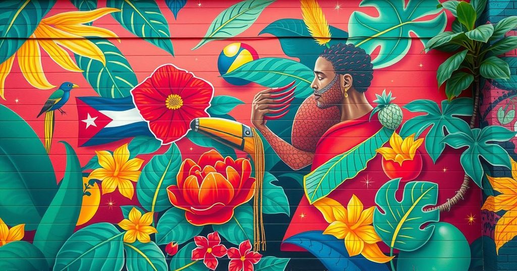 Colorful artwork depicting the unity of Haitian, Cuban, and Venezuelan cultures in South Florida communities.