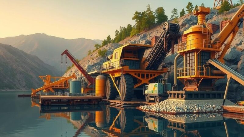Mining equipment and machinery amidst a serene landscape, showcasing maintenance operations with a rustic color palette.