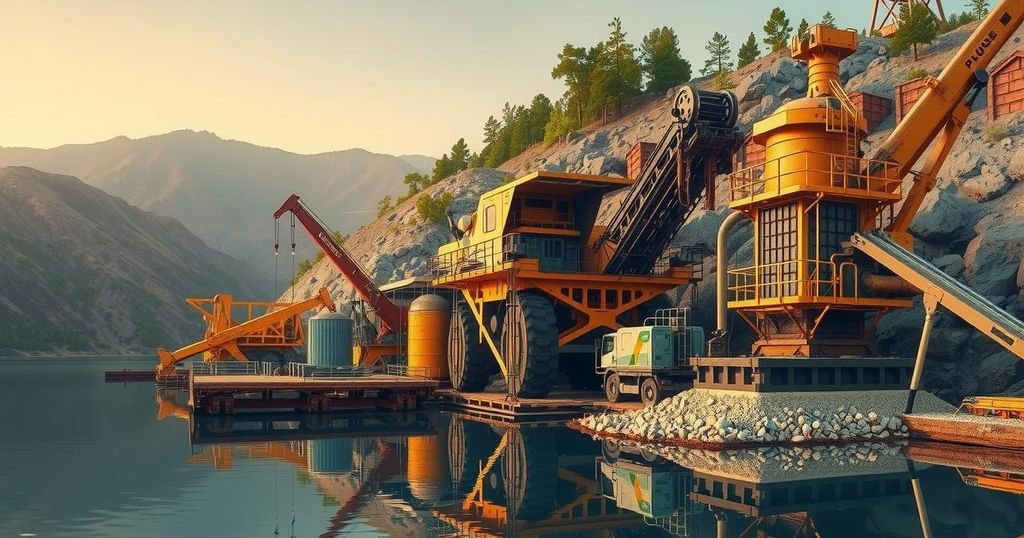 Mining equipment and machinery amidst a serene landscape, showcasing maintenance operations with a rustic color palette.