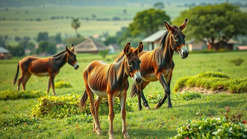 A tranquil rural scene in Africa showing donkeys in fields, representing community reliance and challenges.