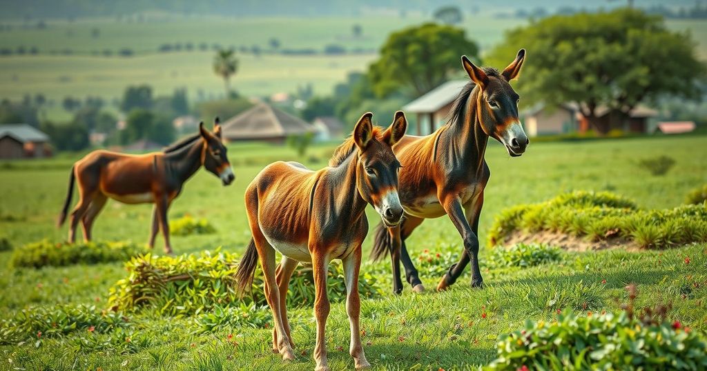 A tranquil rural scene in Africa showing donkeys in fields, representing community reliance and challenges.