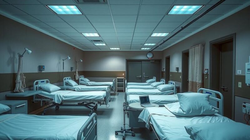 A dimly lit hospital ward with medical equipment and beds, depicting a somber atmosphere of healing and resilience.