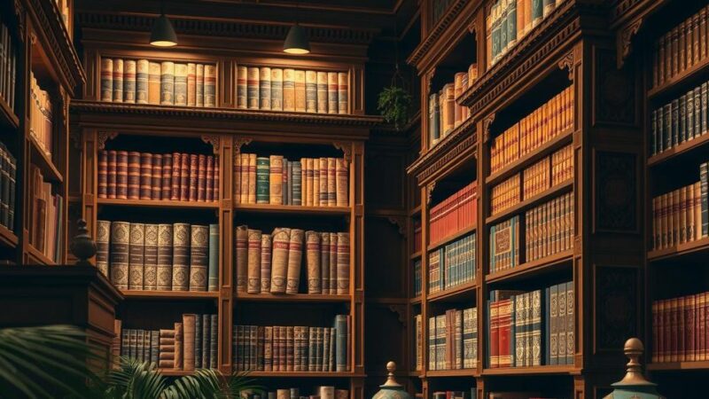 A tranquil library with ancient Moroccan books, rich wood shelves, and soft golden lighting, symbolizing knowledge.