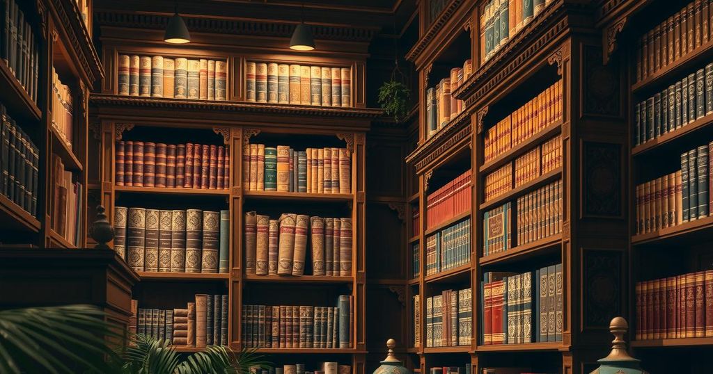 A tranquil library with ancient Moroccan books, rich wood shelves, and soft golden lighting, symbolizing knowledge.