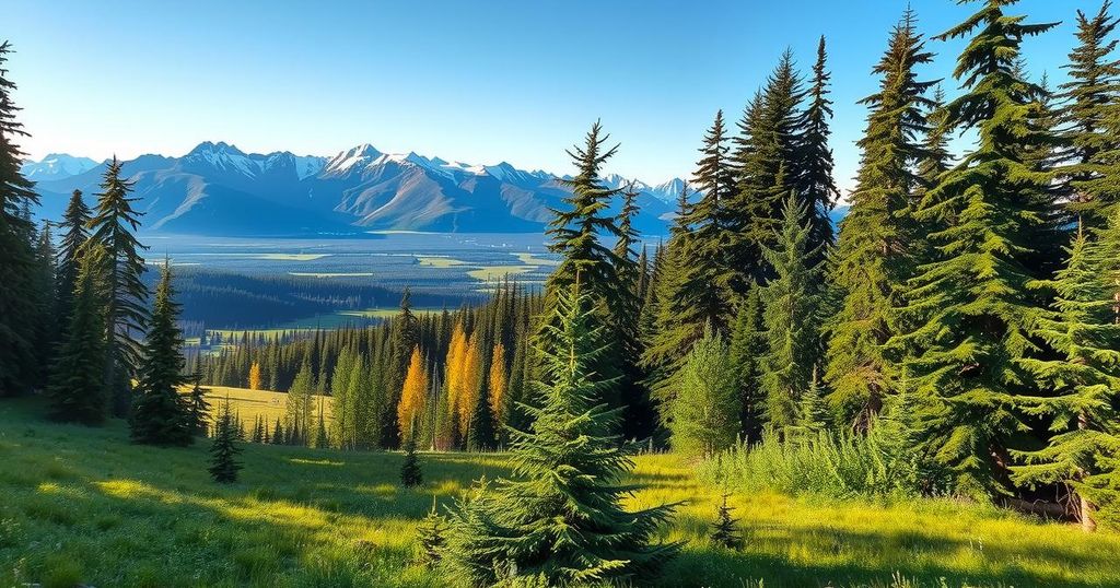 A tranquil Alaskan wilderness with lush greenery and a serene landscape, evoking nature's delicate balance.