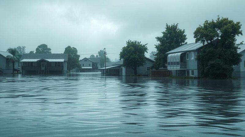 A flooded landscape with submerged buildings and trees under grey skies, portraying a natural disaster.