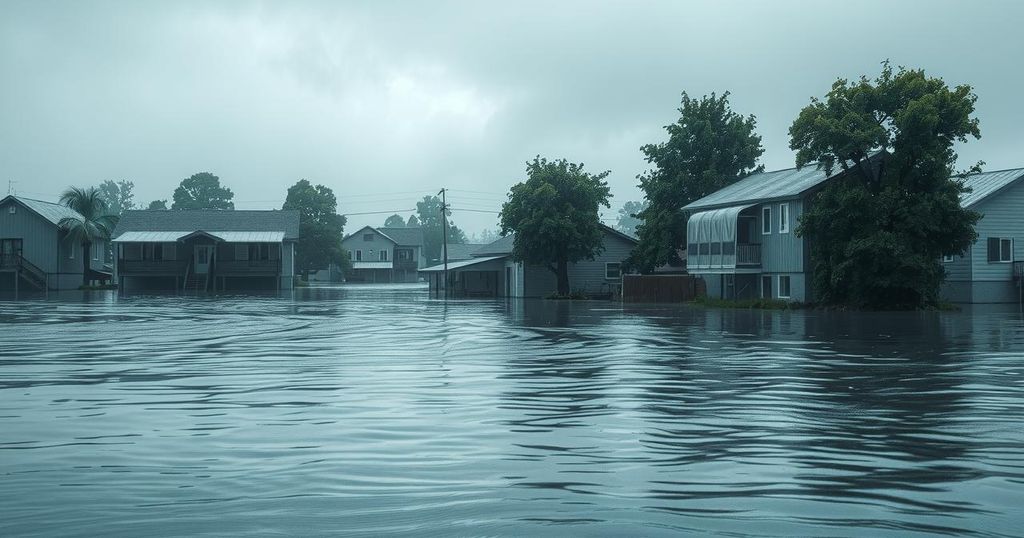 A flooded landscape with submerged buildings and trees under grey skies, portraying a natural disaster.