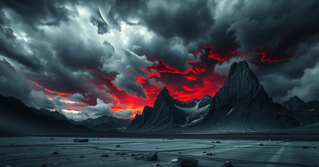 A powerful scene depicting a dark and intense atmosphere, symbolizing nuclear resolve amidst global conflict, with a focus on metallic tones.